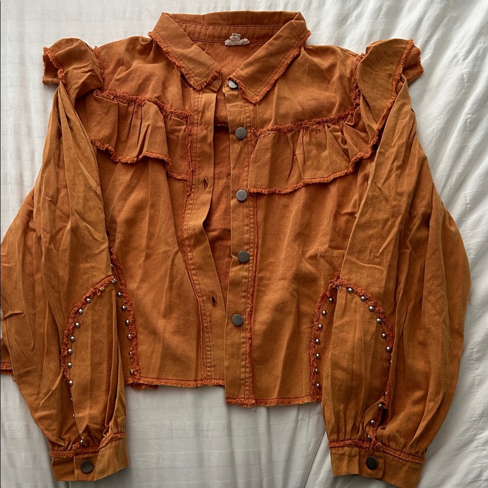 POL Orange Ruffled Button-Up Blouse